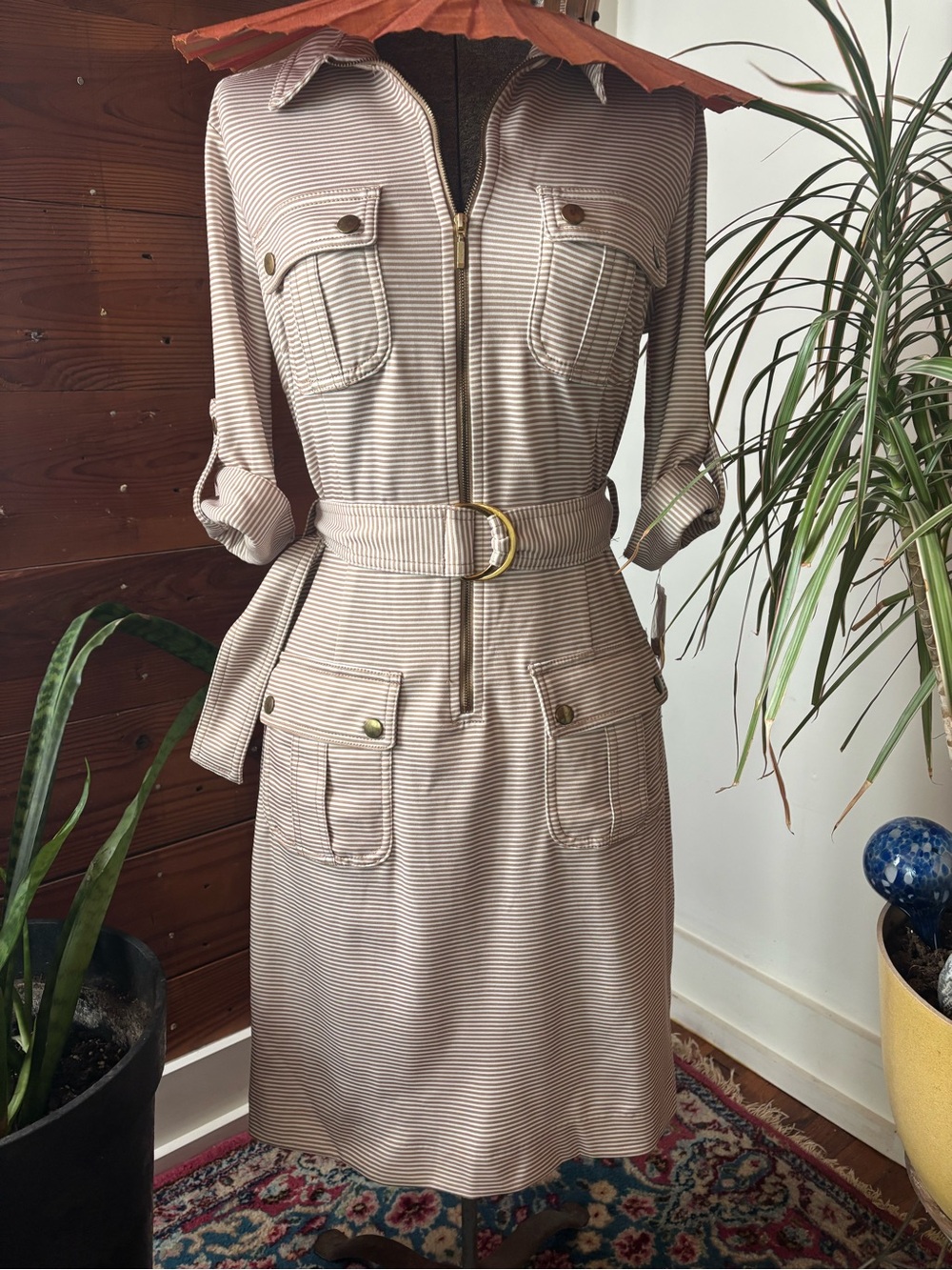 NWT Sharagano Beige and White Striped Belted Midi Dress